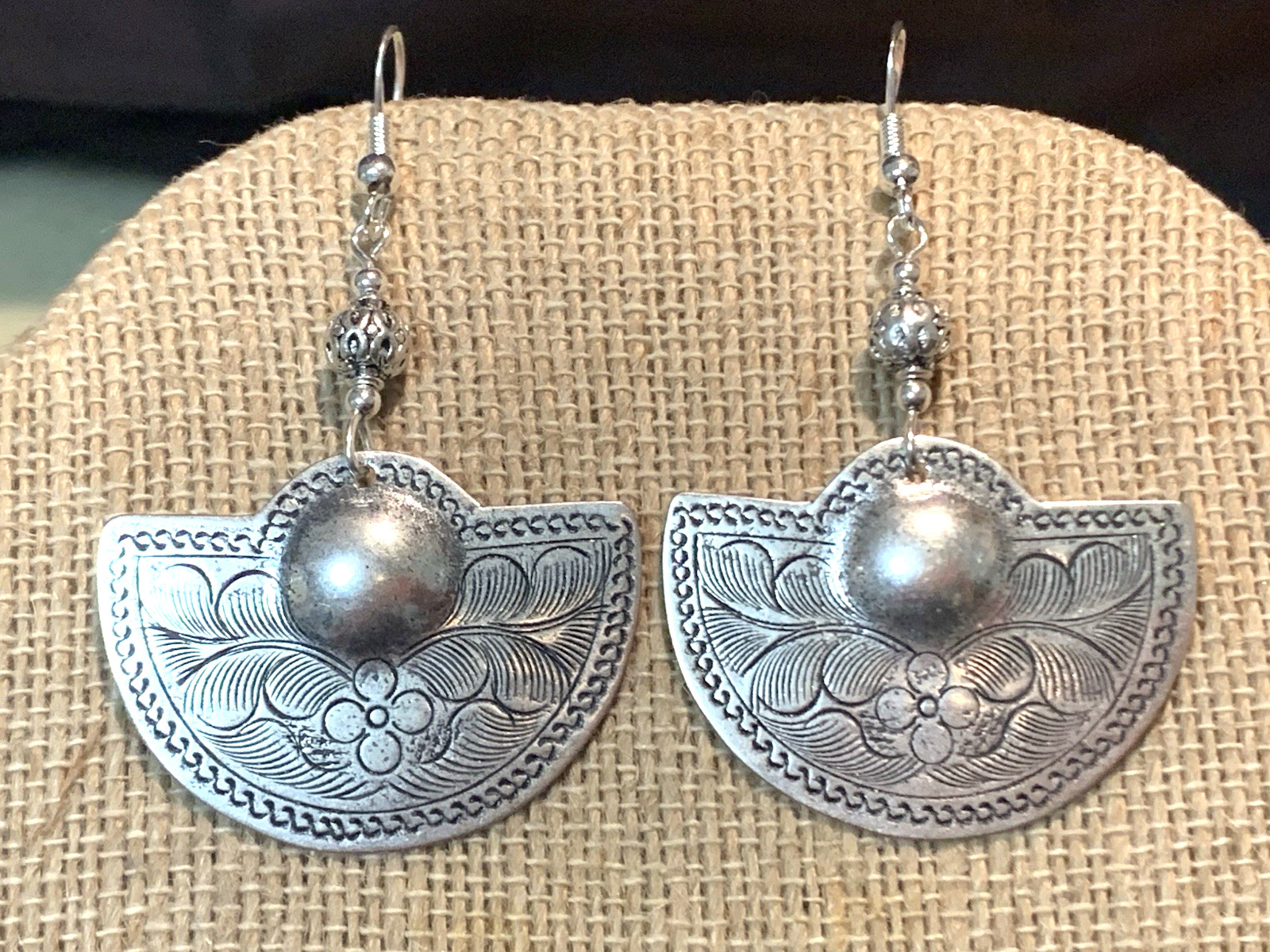 NEW ITEM *MED. ENGRAVED SILVER HILL TRIBE HALF-MOON DROP EARRINGS .925 WIRES-NEW