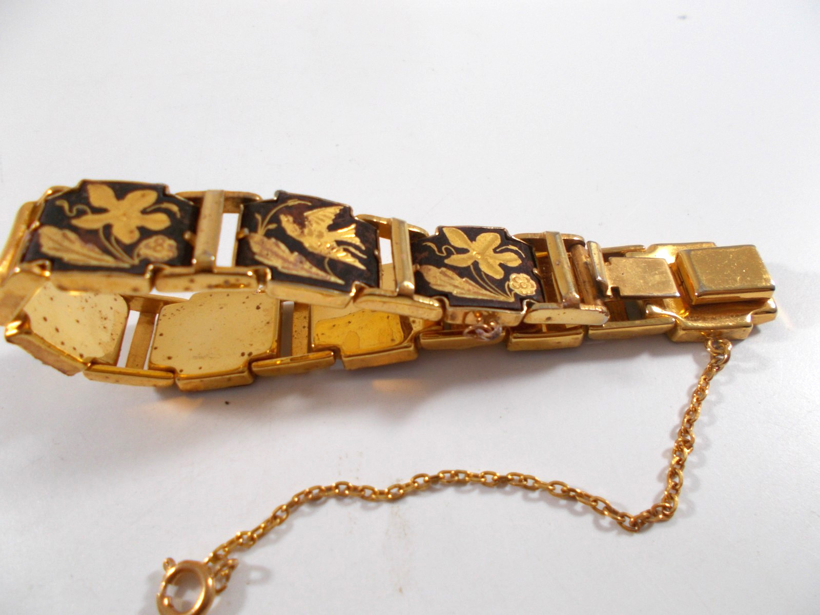 Damascene Style Panel Bracelet Bird Butterfly Flower Design with Safety Chain