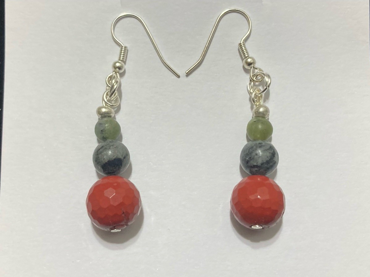 Green Red Black Jade Jasper Silver Handmade Hook Drop Gemstone Beaded Earrings