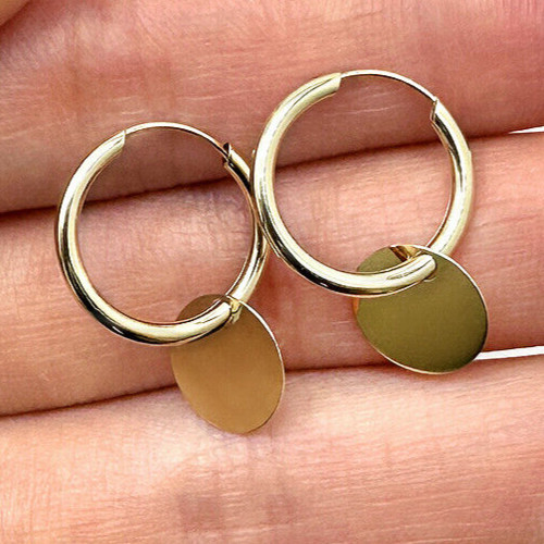 14K Yellow Gold Drop Dangle Circle Disc Endless Hoop Earrings