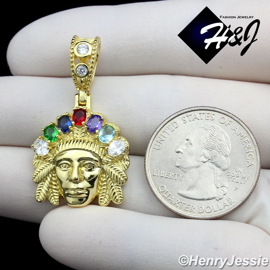 MEN WOMEN 925 STERLING SILVER ICY CZ GOLD PLTED 3D AMERICAN INDIAN PENDANT*GP435