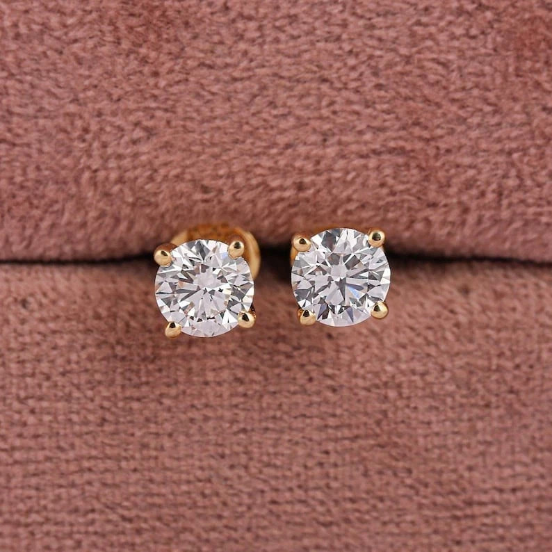 6mm Round Real VVS1 Moissanite 14K Yellow Gold Plated Stud Solitaire Earrings