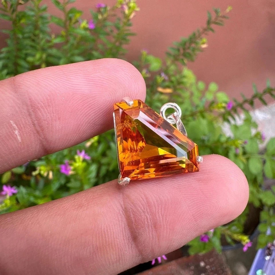 22 Ct Natural Orange Sapphire Fancy Cut 925 Solid Silver Pendant Gemstone