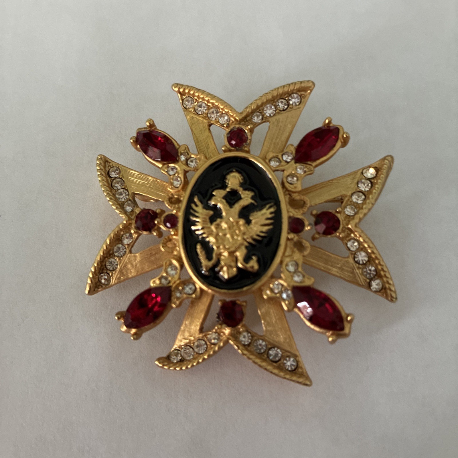 Russian Maltese Cross Rhinestone Enamel Pearl Crown Eagle Brooch Pin Pendant Red