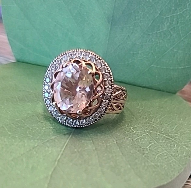 Fuzion Creations Peach Morganite & Diamond Halo Statement Ring Size 7