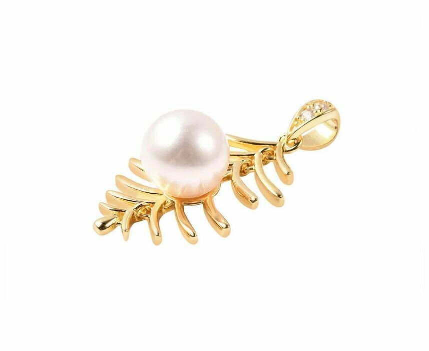 Wedding/Anytime White Edison Pearl Gold-Plated 925 Silver Fern Leaf Rib Pendant