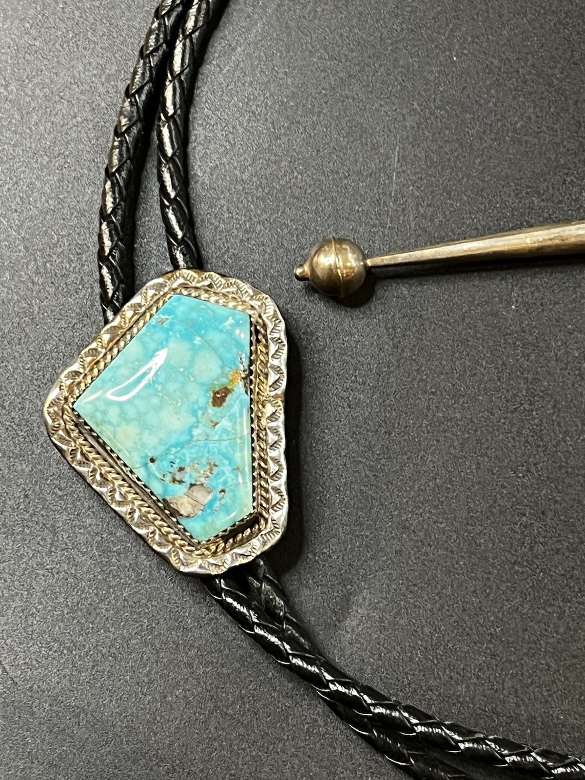 Vintage Southwestern Turquoise Bolo Tie Sterling Tips 32in Braided Leather