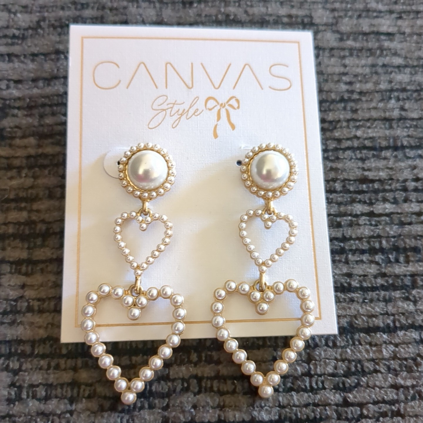 Canvas Style Pearl Heart Drop Earrings 2.4″ – Statement Dangle Gold Tone Jewelry