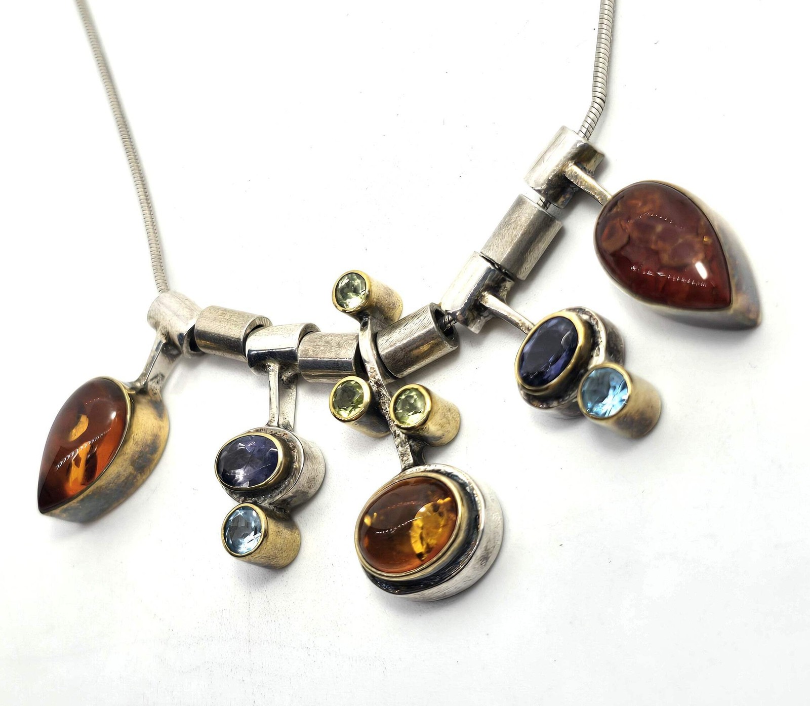 Modernist Amber Iolite Peridot and topaz vintage sterling silver necklace
