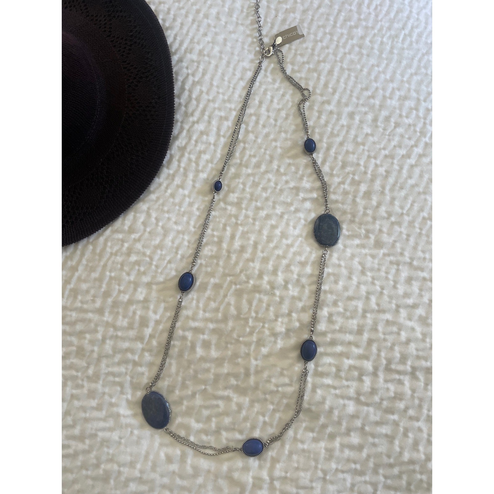 Chico’s Blue Accent Long Single Strand Necklace Sodalite Stone Silvertone 38″
