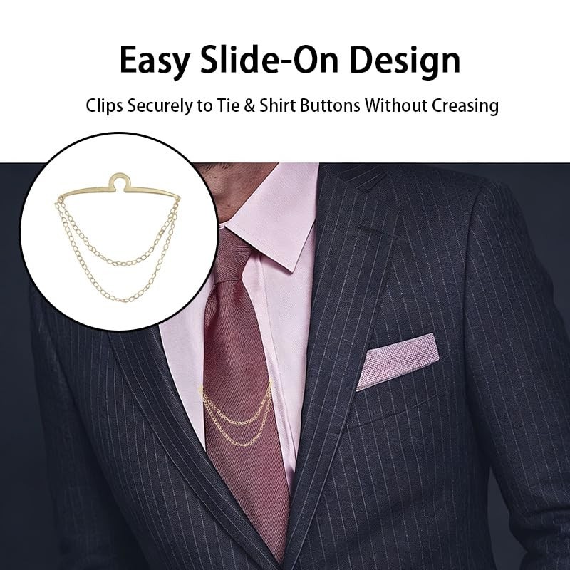 3 Pcs Tie Clips for Men, Tie Chain with Ring Clasps, Gold Silver Black Neckti…