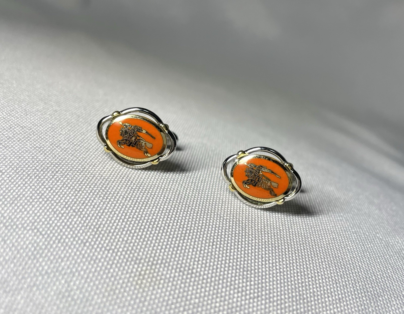 Auth [Beautiful] Burberry Equestrian Knight Logo gold&silver&Orange Cufflinks