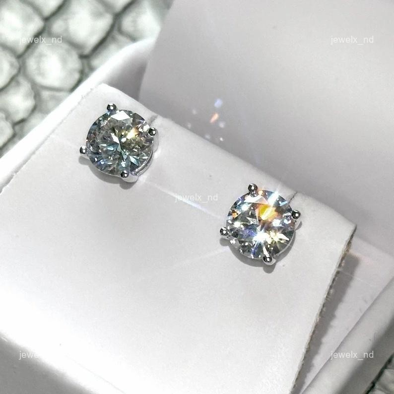 Round Natural Diamond Christmas New Stud Artisan Earrings Jewelry 14K White Gold