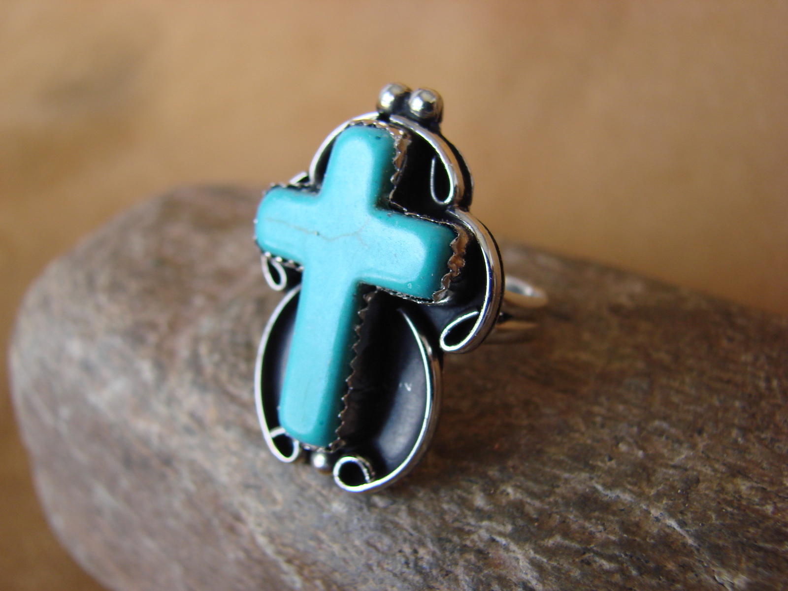 Native American Nickle Silver Turquoise Cross Ring Size 8 1/2 by Phoebe Tolta