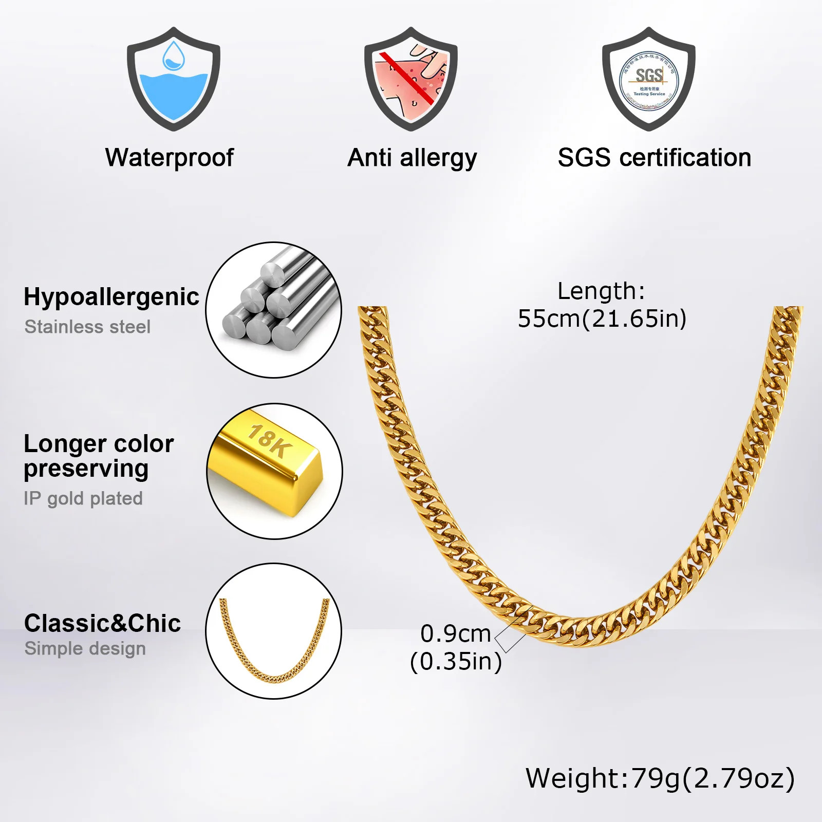 Punk Classic 3/5/7/9mm Width Cuban Chain Stainless Steel Necklace for Men Male H