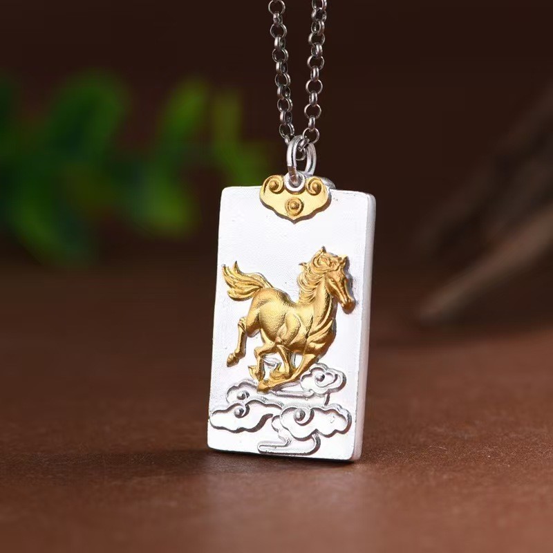 Pure S999 Fine Silver Men Women Gift Lucky Horse Oblong Pendant 16-17g 38*20mm