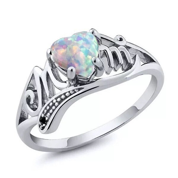 White Lab Opal Oval Heart Cutout Mom Ring Silver Copper Sizes 6-12 Gift New US