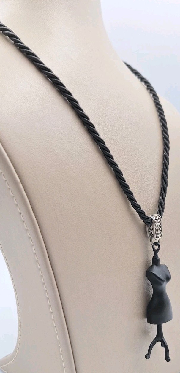 Black Mannequin Dress Form Art Pendant Necklace Black Braided Cord 19″-20″ *RARE
