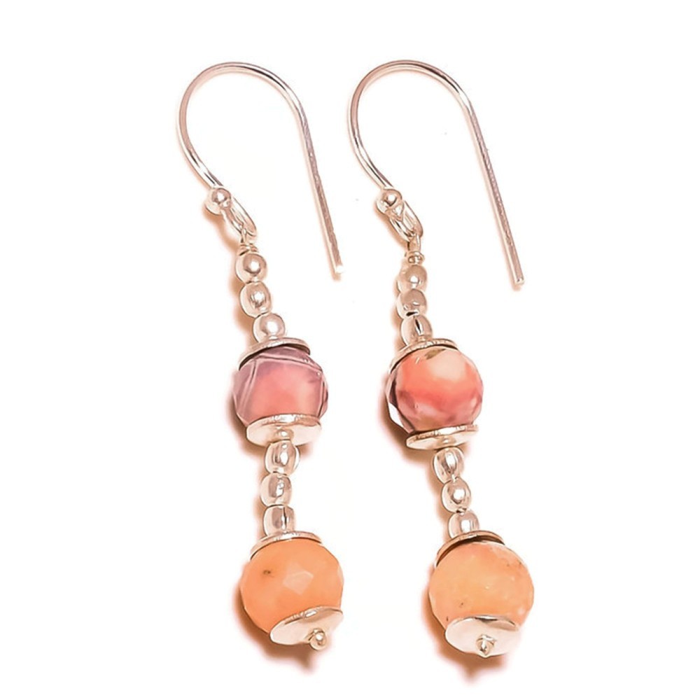 Natural Pink Jasper Gemstone 925 Silver Handmade Beaded Drop Dangle Earrings