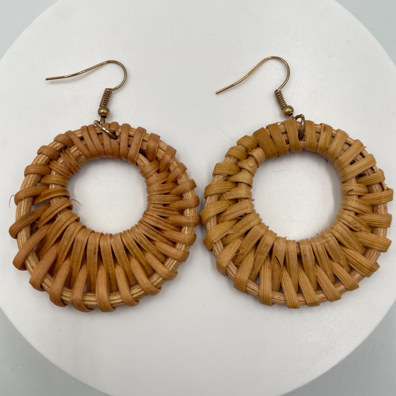 Vintage Boho Woven Rattan Straw Bamboo Open Hoop Large Statement Drop Earrings