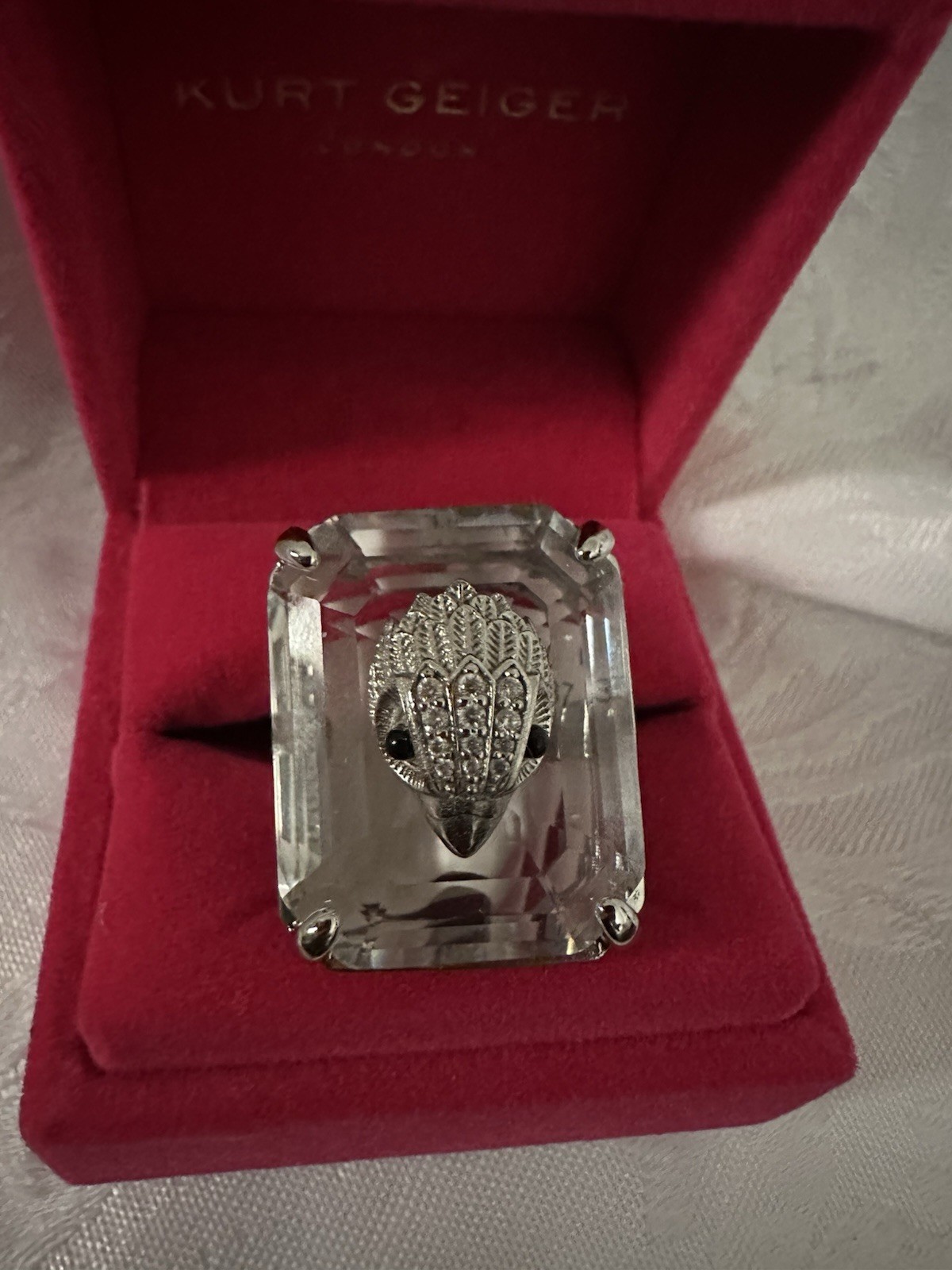 KURT GEIGER LONDON CRYSTAL COCKTAIL SQUARE RING L SZ 8 RED VELVET BX NEW