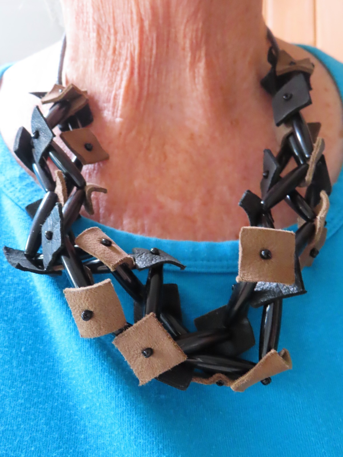 Vintage Triple Strand Black & Beige Leather Statement Necklace