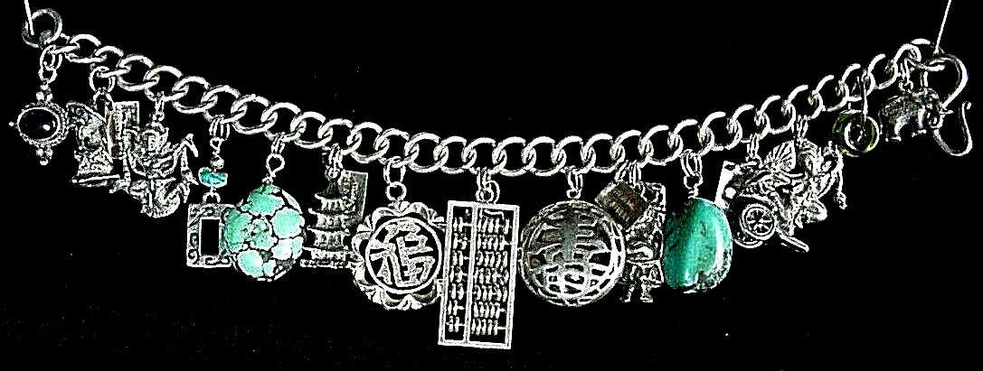 VINTAGE ORIENTAL THEME BUDDHA STERLING SILVER TIBET TURQUOISE I5 CHARM BRACELET