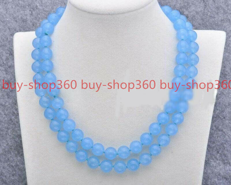 Natural 8/10/12mm Blue Chalcedony Gemstone Round Necklace 35 in AAA+