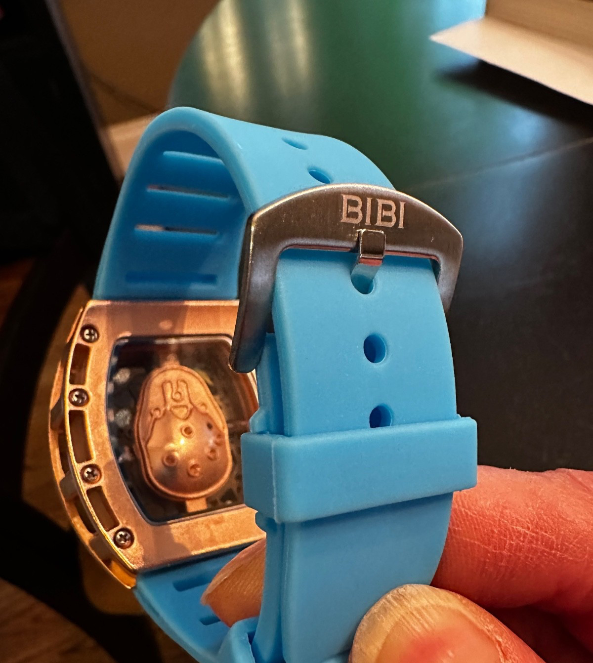 BIBI Luxury Skeleton Dial Qrtz Tonneau Rose Gold Case Turquoise Rubber Strap NIB