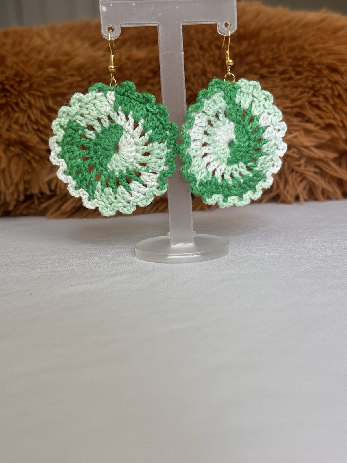Handmade Crochet Flowers Earrings|Boho Light weight Dangle Earrings Green&cream