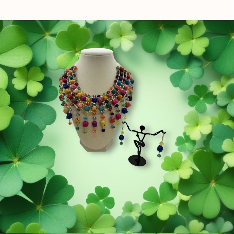 Multicolor Palm Barrel Bead Bib Statement Necklace with Gold-Tone Chain