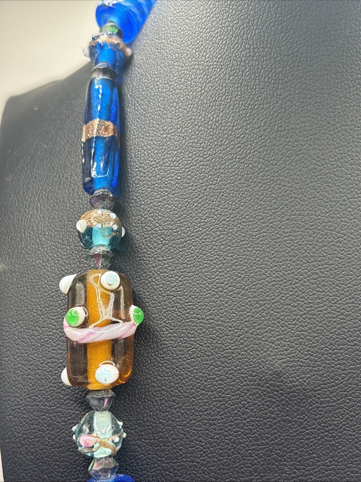 Vintage Artisan Lampwork Glass Beaded Necklace Cobalt Blue Turquoise Copper Tone