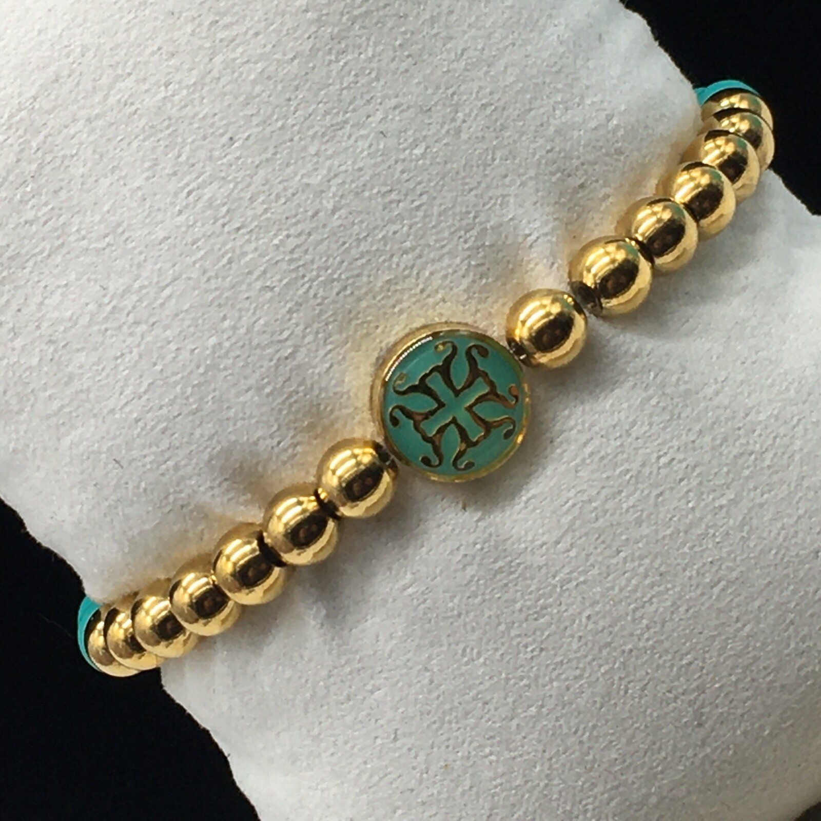 Rustic Cuff Mini Melanie Gold Tone Bracelet Teal Silicone Beaded Charm Logo