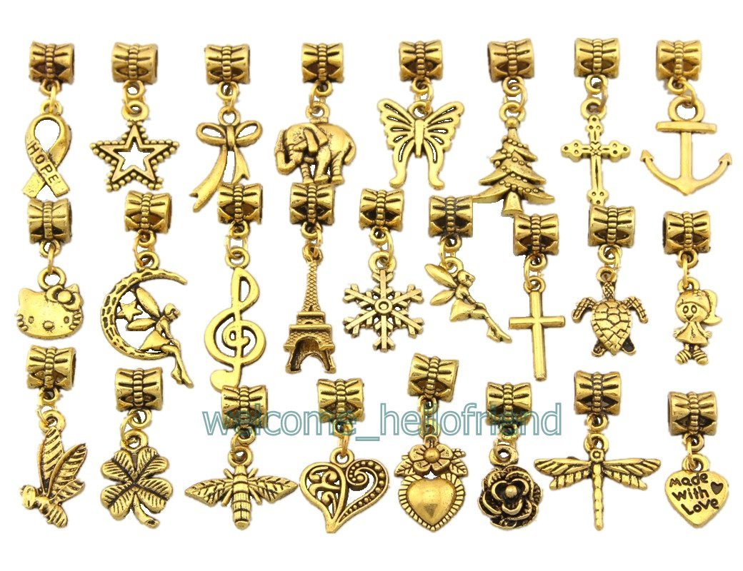 25x 50x Antique Gold Mixed Heart Elephant Flower Dangle Charms Fit Bracelet JH06