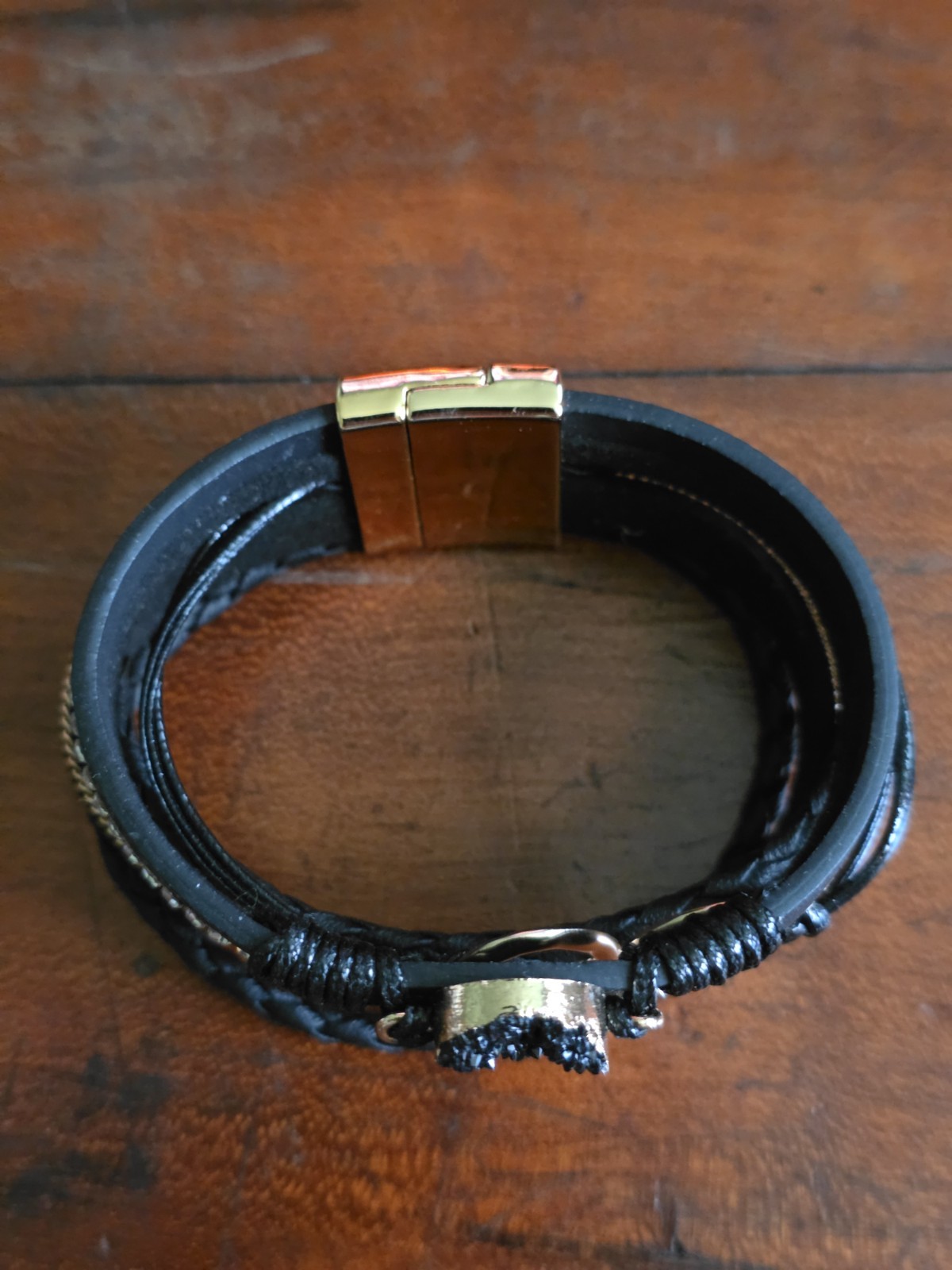 NEW Multi Band Black Leather Bracelet Featuring, Metal Heart Charm & Crystal