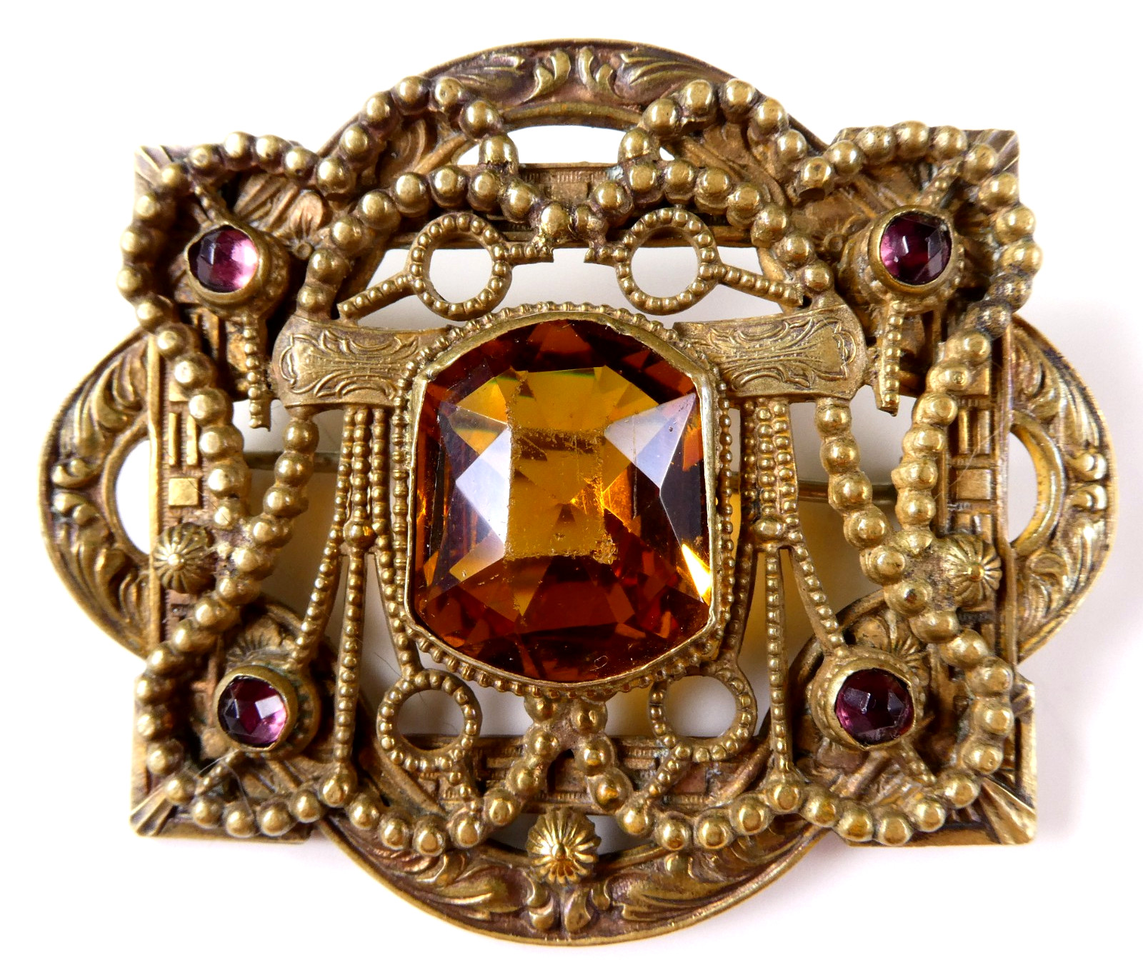 Vintage Czech Glass Filigree Brass Pin Brooch Faceted Orange Topaz Etruscan Rev