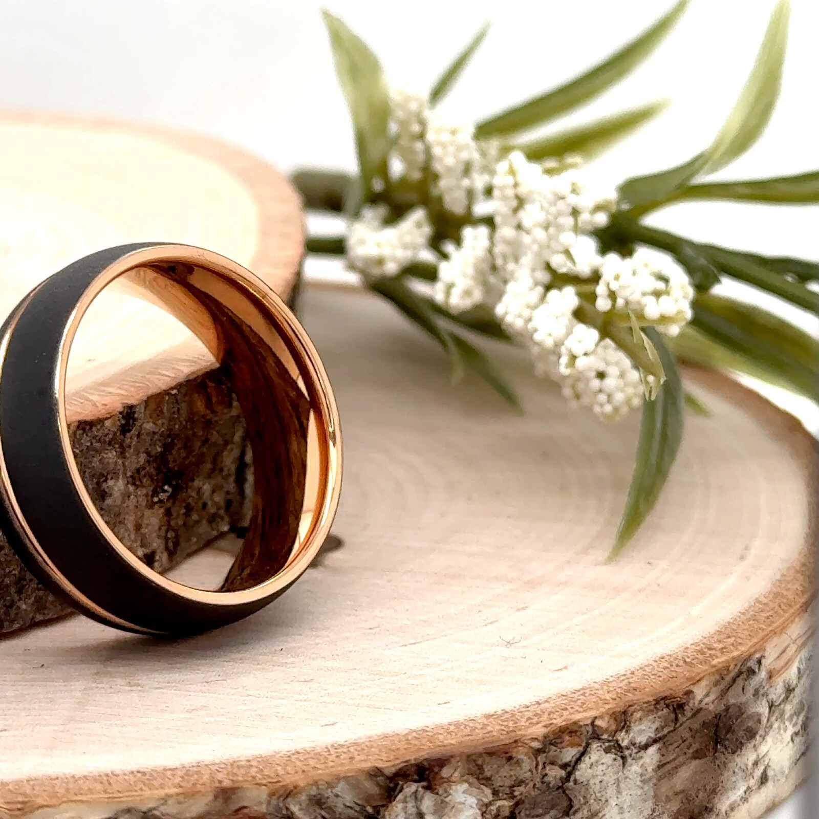 Matt Finish Beveled Edge Christmas Gift Band 8mm Black & Rose Gold Tungsten Ring