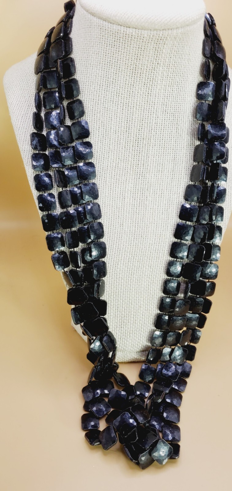 vtg Black Flat Bead 28 inch 4 Layered necklace with gold tone Clasp bl02