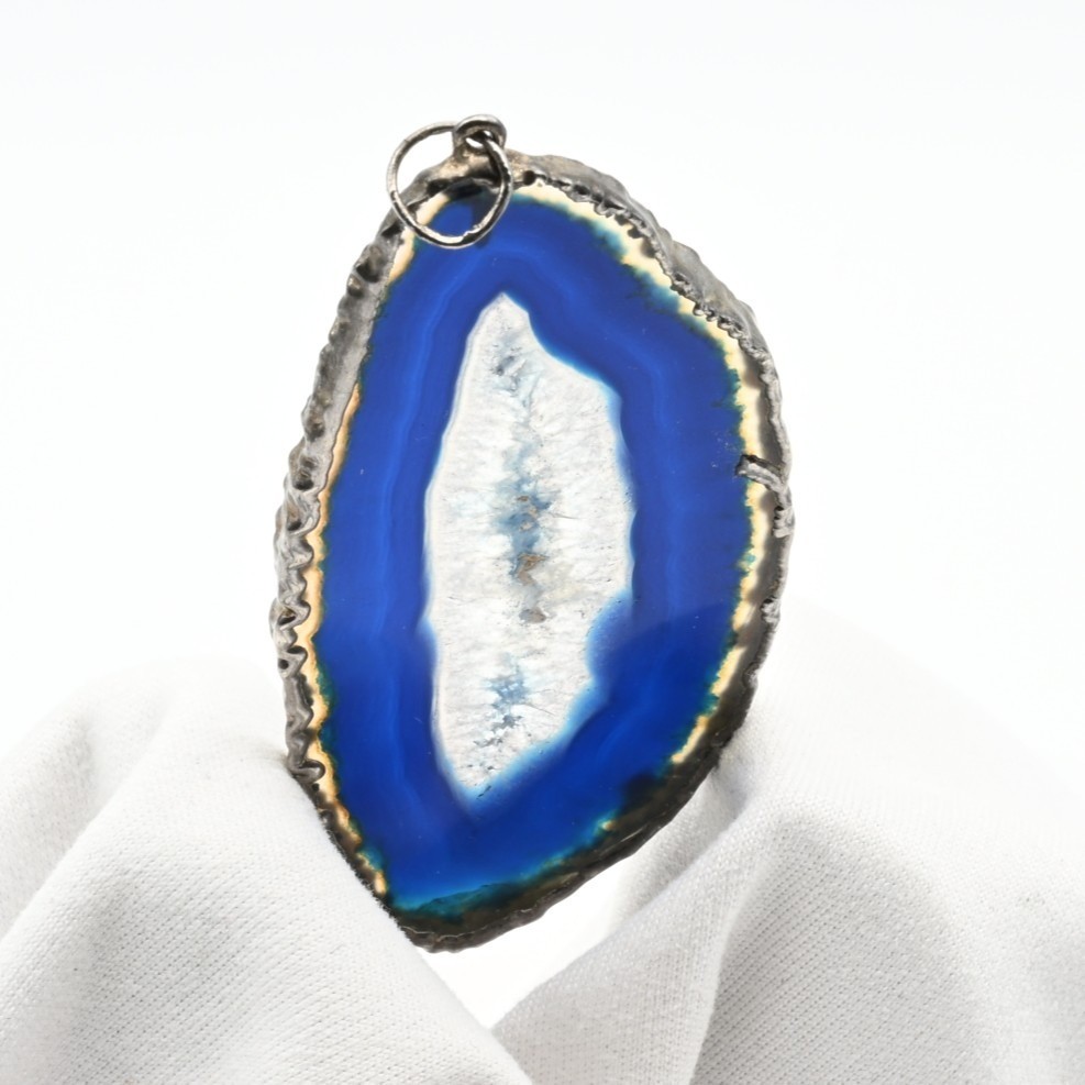 Blue Agate Slice Pendant Silver Tone Bezel Natural Geode Stone Bohemian Jewelry