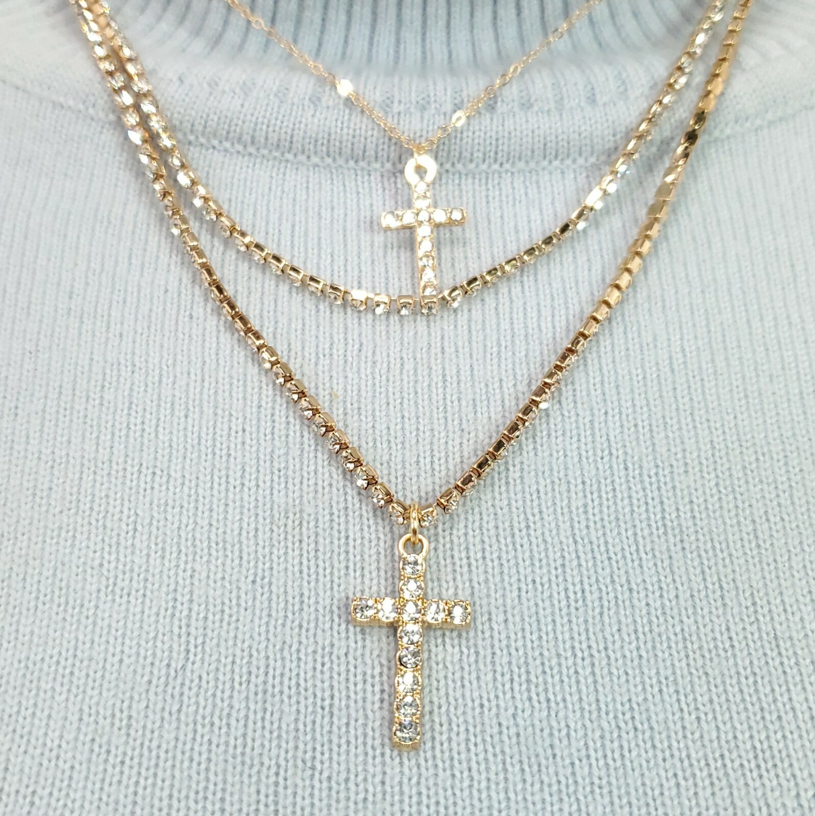 N0182 Gold Tone Base Clear Rhinestones Deco Cross Pendants 2pc Necklaces Set