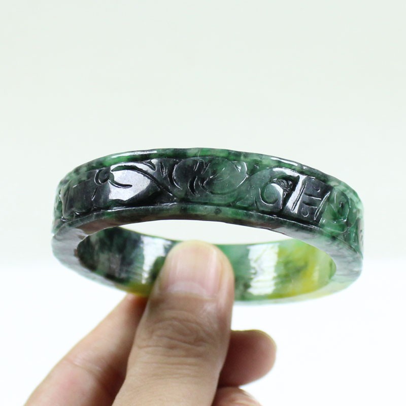 61mm Real Natural Ice Multicolor Burmese Jade jadeite Carving Bracelet Bangle