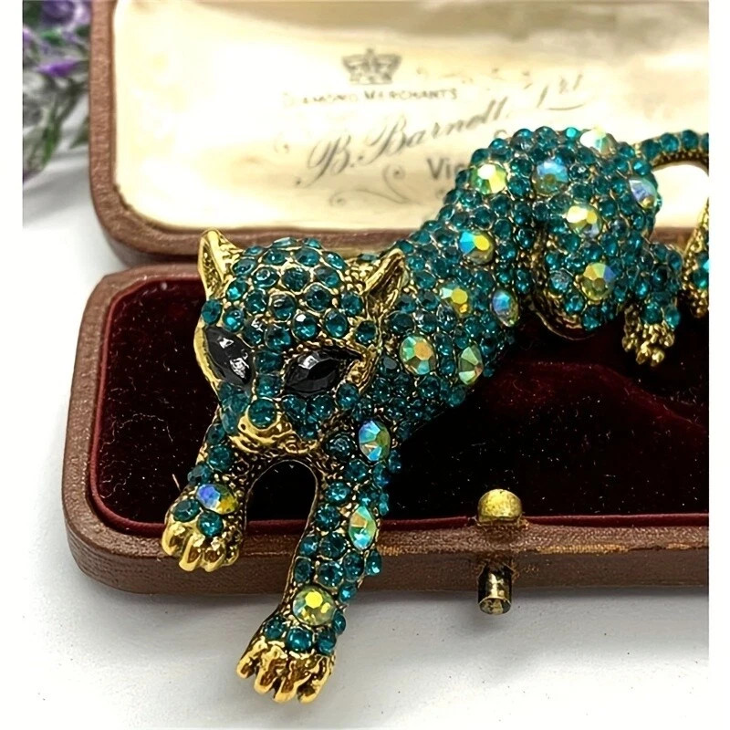 Vintage Leopard Brooch Pin – Animal Green & Golden Pins Jewelry
