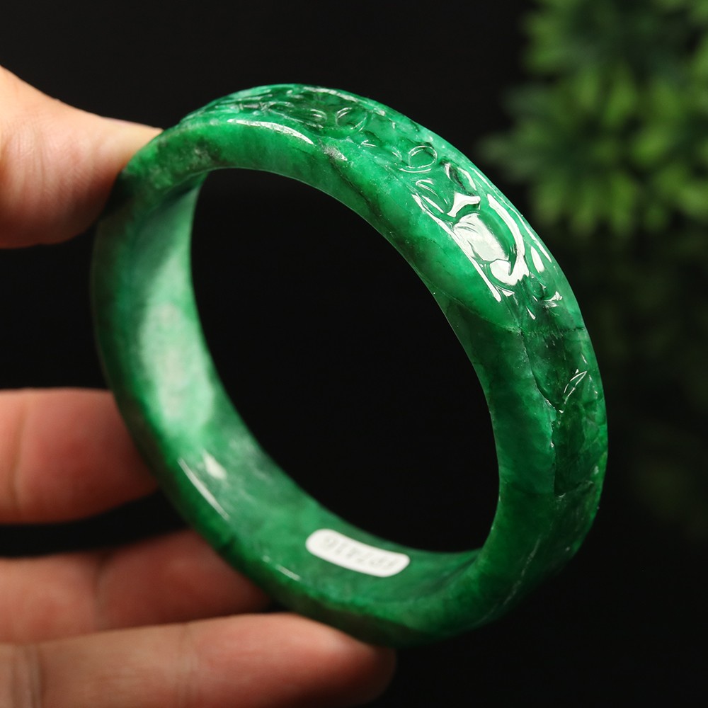 61mm Emerald Green Jadeite Jade Bangle Bracelet Coin Ruyi Flower Rabbit A-14885