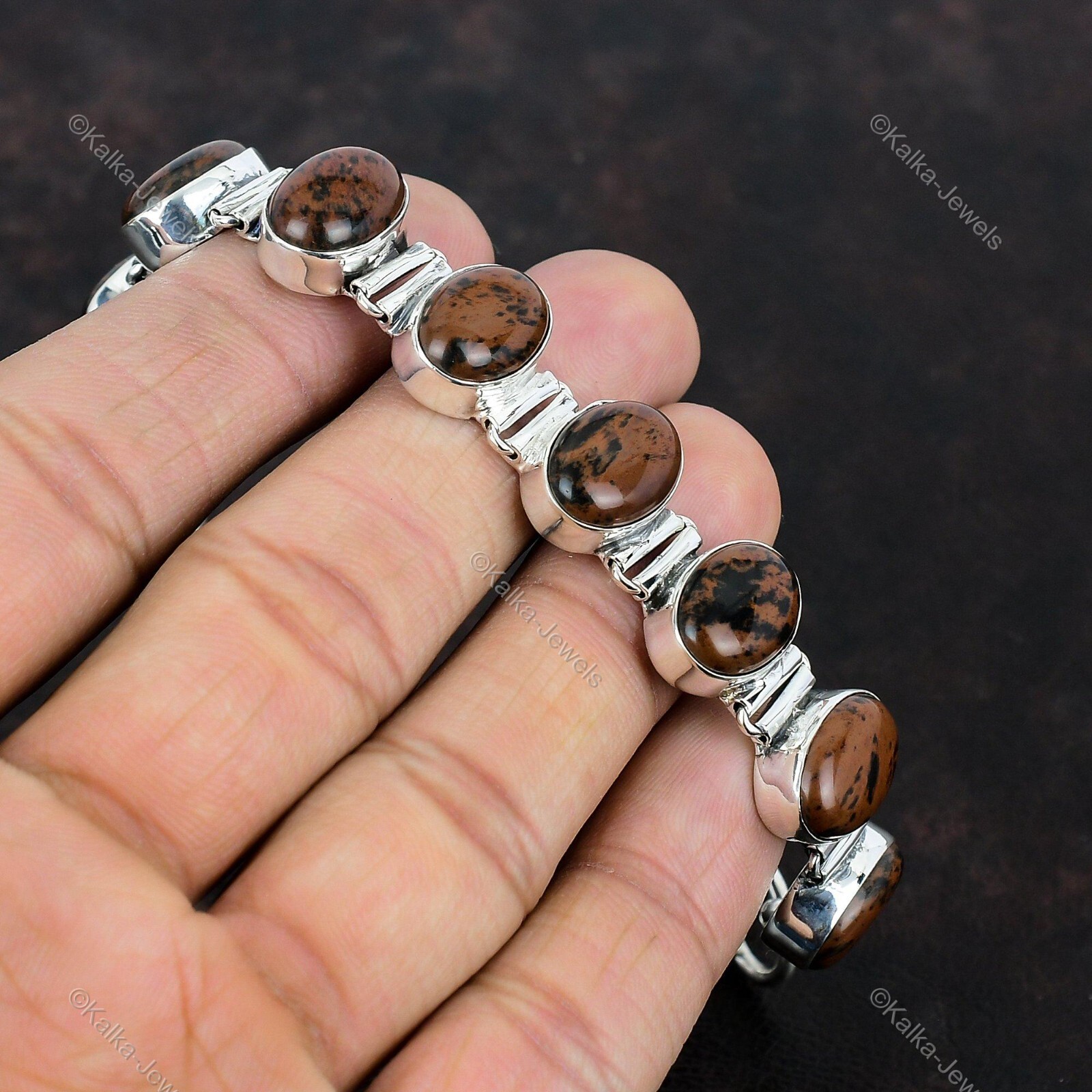 Natural Mahogany Obsidian Gemstone Chain Red Adjustable Bracelet 925 Silver