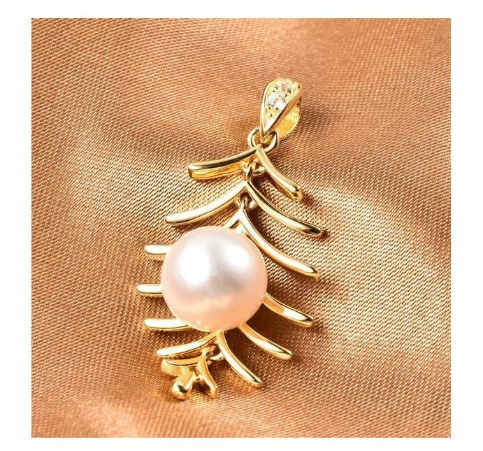 Wedding/Anytime White Edison Pearl Gold-Plated 925 Silver Fern Leaf Rib Pendant
