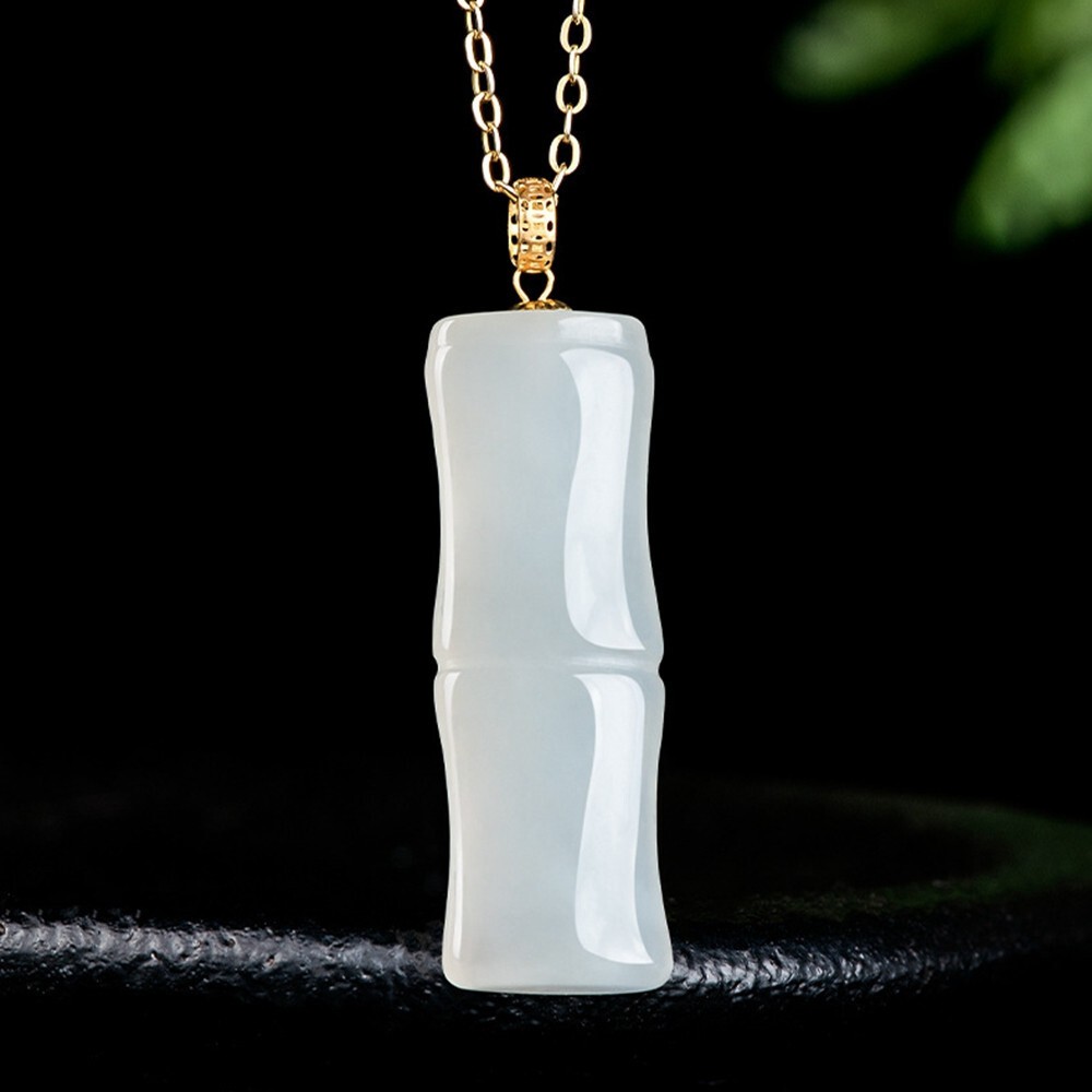 Certified White Natural AAA HeTian Jade 18K Solid Gold Bamboo Pendant Necklace