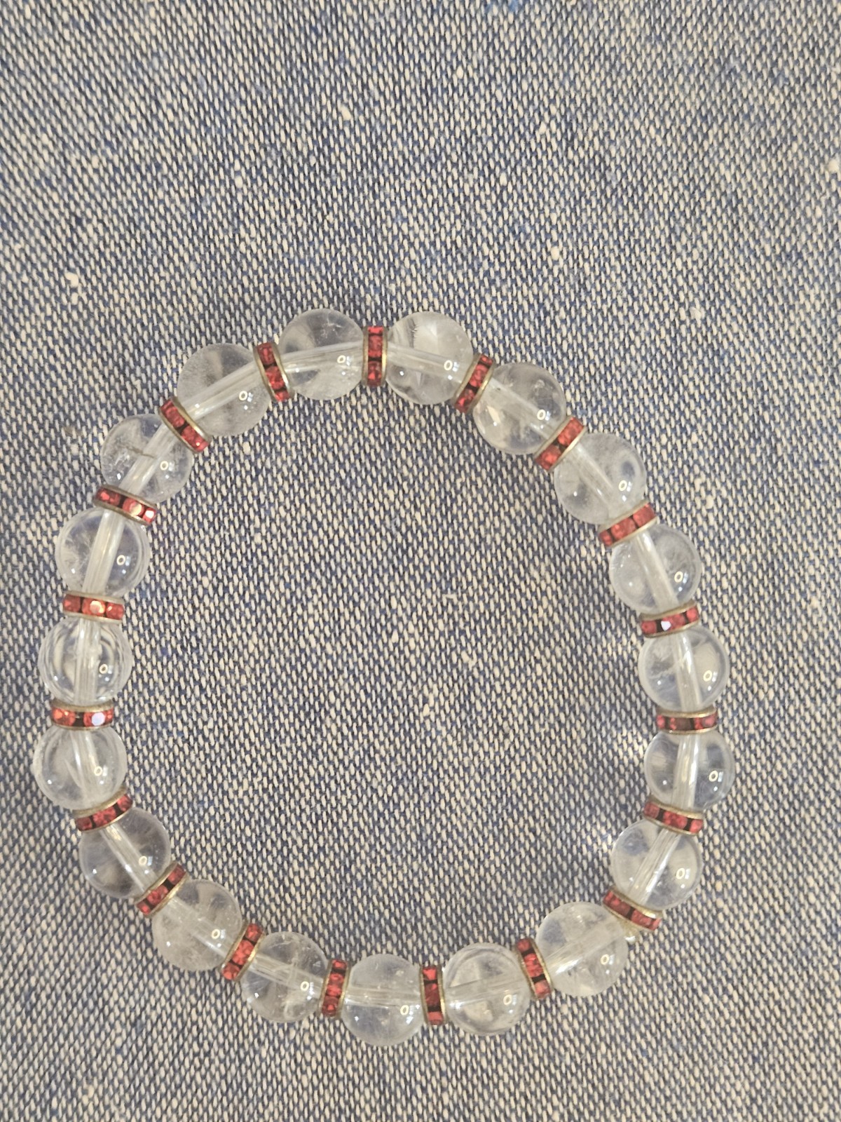 Crystal Clear Quartz Round Beaded Stretch Bracelet w Red Rhinestone Spacer Rings