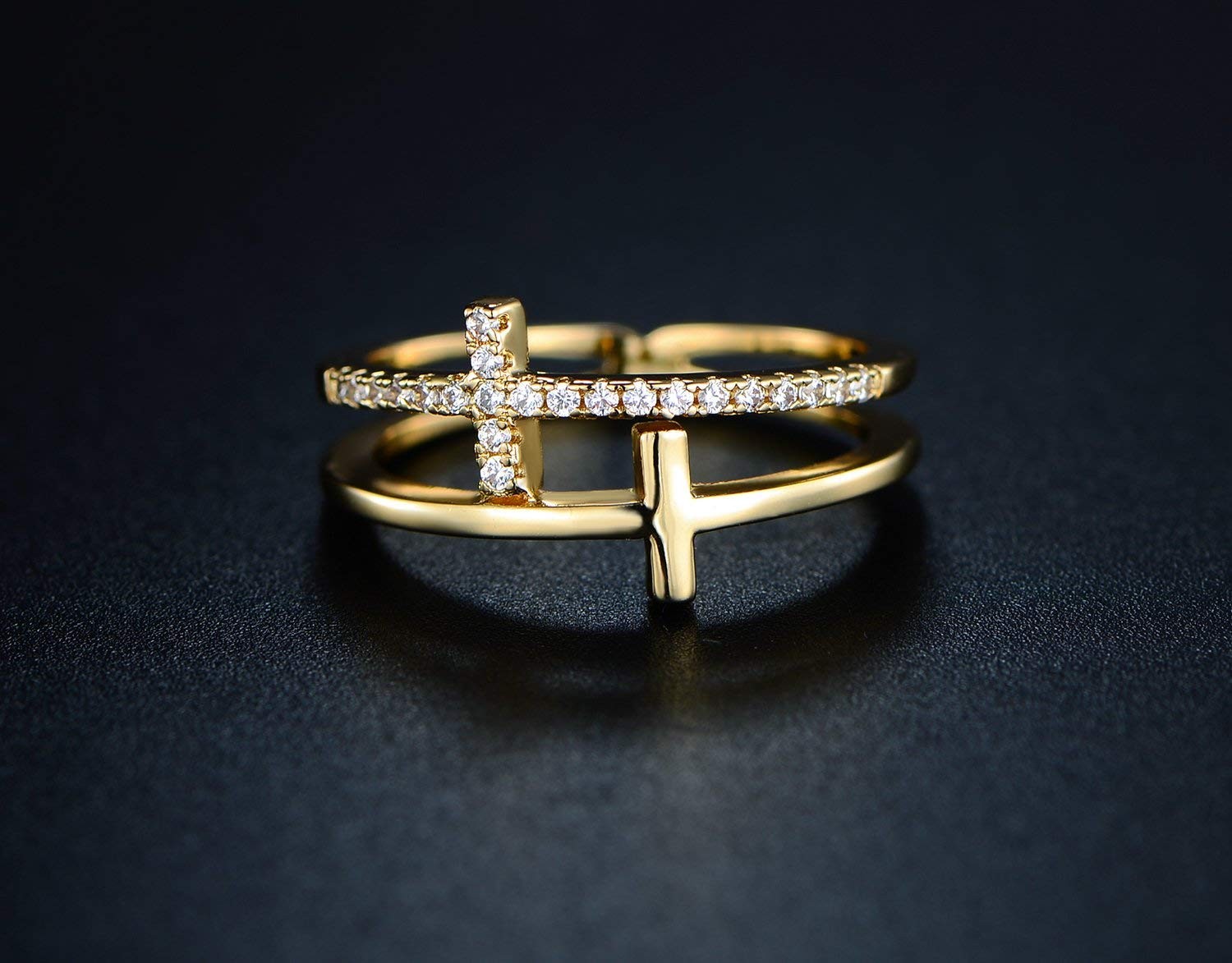 18k Gold Plated Cubic Zirconia Double Cross Ring (Gold, 10)