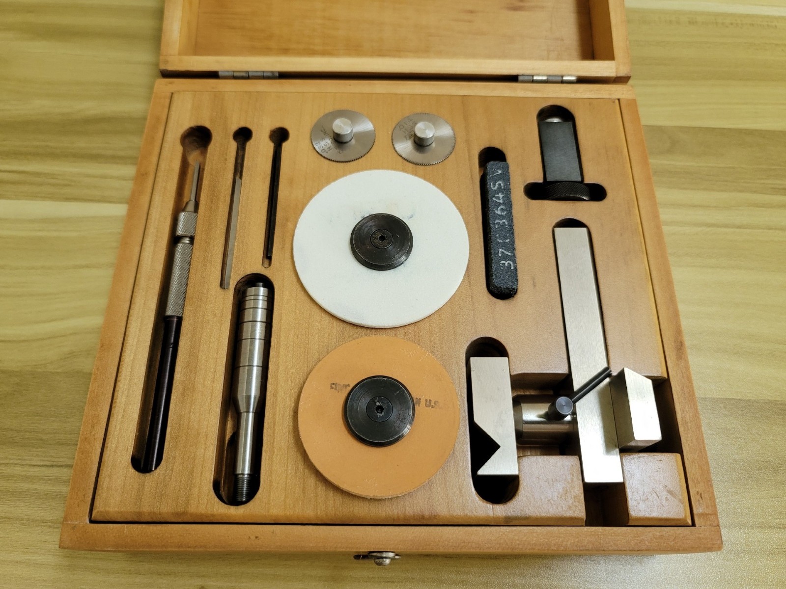 Levin 8mm Watchmaker Lathe Saw Table Grinding Attachment Set Wooden Box Mint