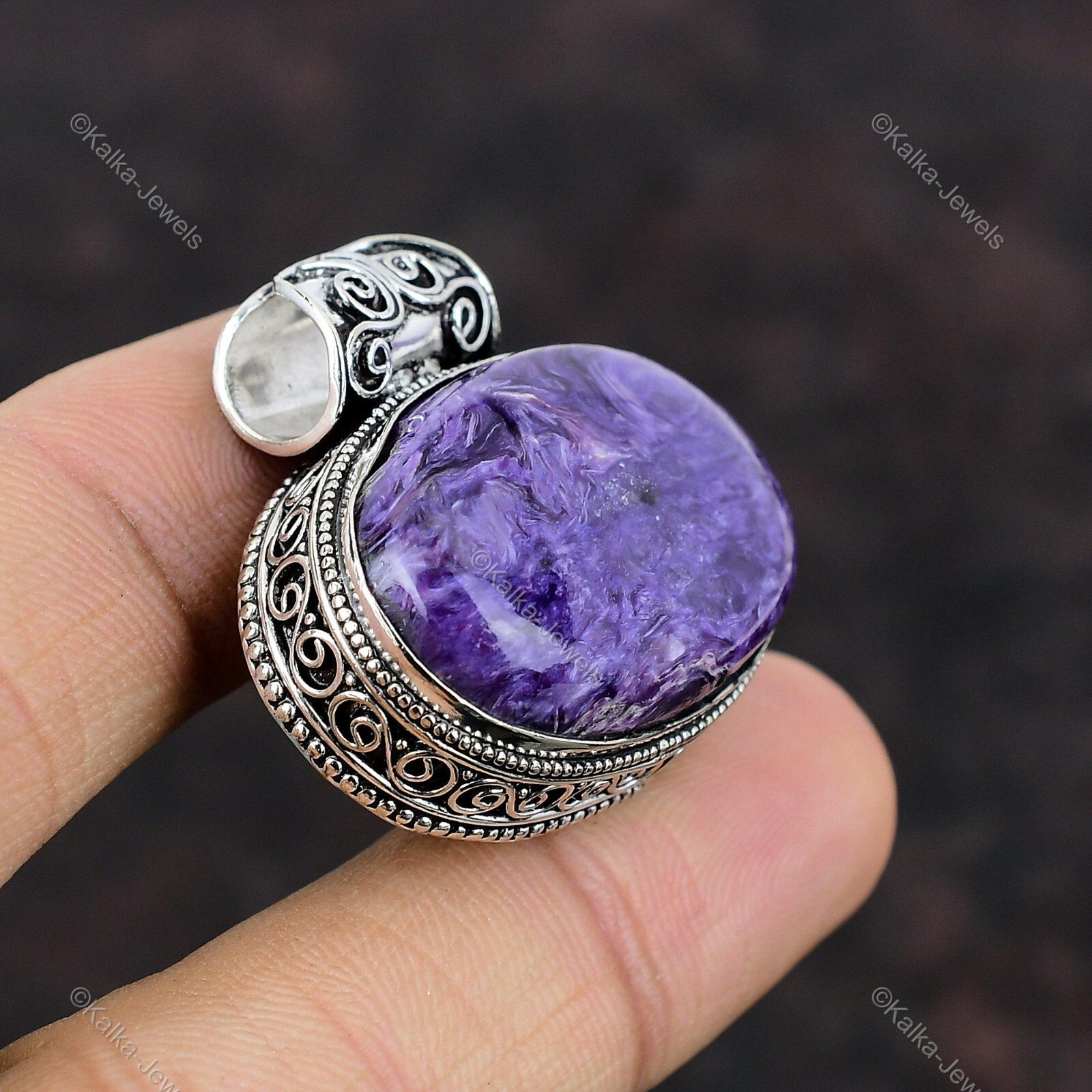 Natural Russian Charoite Gemstone Pendant Vintage Purple 925 Sterling Silver